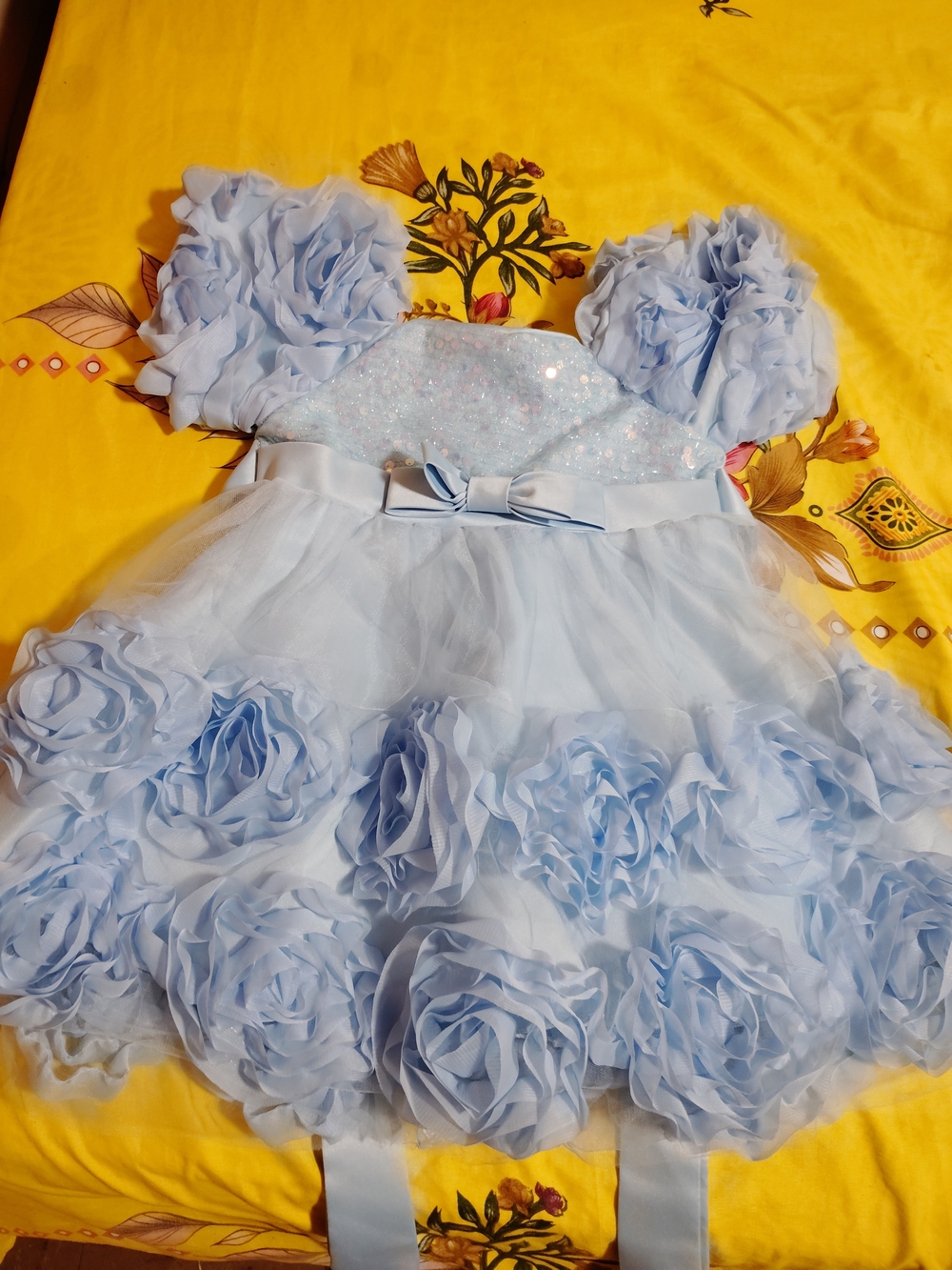 Girls Light Blue Floral Ruffle Party Dress with Bow
